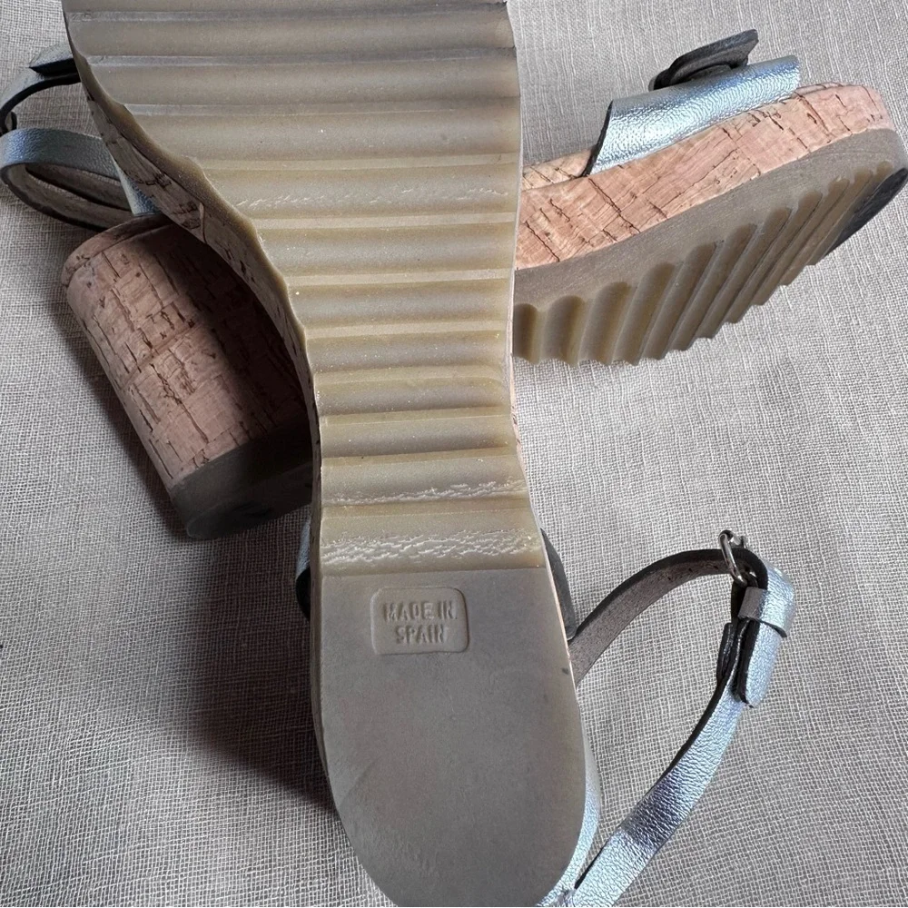 Stella McCartney Linda Cork Platform Metallic Silver Strappy Sandals 37
